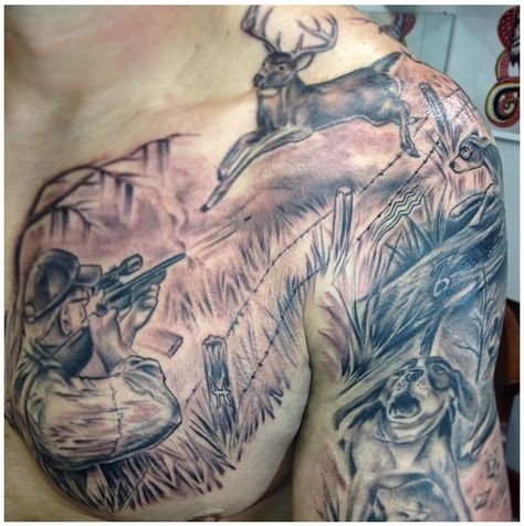 Hunting Deer with Dogs Tattoo. Looks like this hunter had some help from his dogs. Fishing Boat Tattoo, In Memory Of Tattoos, Fire Department Tattoos, Tattoos Motorcycle, Outdoor Tattoos, Duck Hunting Tattoos, Bow Hunting Tattoos, Chain Tattoos, Snowboard Tattoo