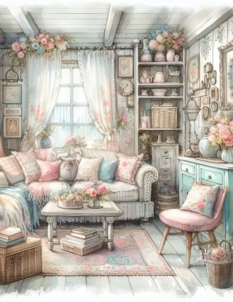 Shabby Chic Living Room Clip Art Bundle 10 High Res Watercolor Jpgs for Junk Journaling, Scrapbook, Crafts, Digital Download - Etsy Frames Design Graphic, Chic Living Room Decor, Salon Shabby Chic, Journaling Scrapbook, Room Images, Living Room Images, Shabby Chic Living, Shabby Chic Living Room, Chic Living Room