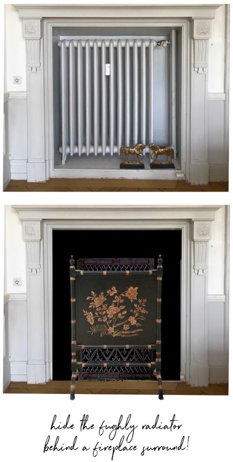 hiding the radiator fireplace mantel with grill and screen Faux Fireplace Radiator Cover, Fireplace Radiator Cover, Radiator Cover Fireplace, Radiator Fireplace, Fireplace Cover Up, Radiator Screen, Kitchen Radiator, Home Decor Amazon, Fireplace Diy