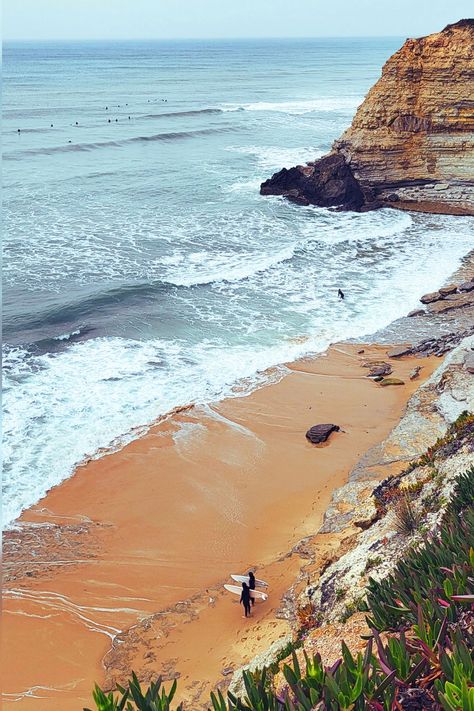 Ericeira beach where surfers are waiting to get back in the water. in the background there is a line-up with surfers, waiting to catch some waves. perfect surf vibes Portugal Surf, Ericeira Portugal, Beach Aesthetics, Surf Vibes, Beach Cafe, Quiet Beach, Hidden Beach, Sunny Beach, Find Picture