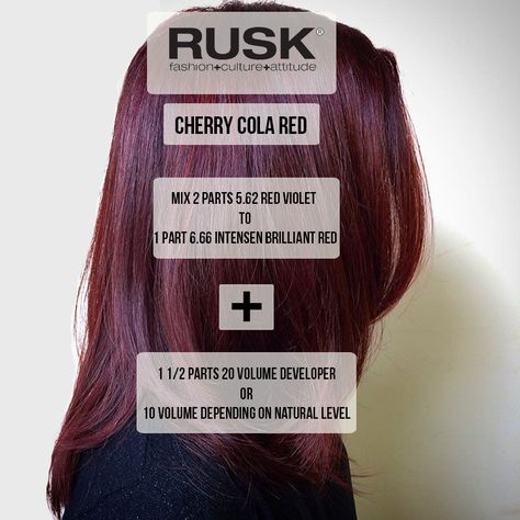 Want a winter color that's subtle yet chic? Try a Cherry Cola red! #hairinspo Rusk Hair Color Formulas Red, Red Hair Formulas, Cola Hair Color, Hair Color Cherry Coke, Cherry Coke Hair, Hair Theory, Red Violet Hair Color, Cherry Cola Hair Color, Cola Hair