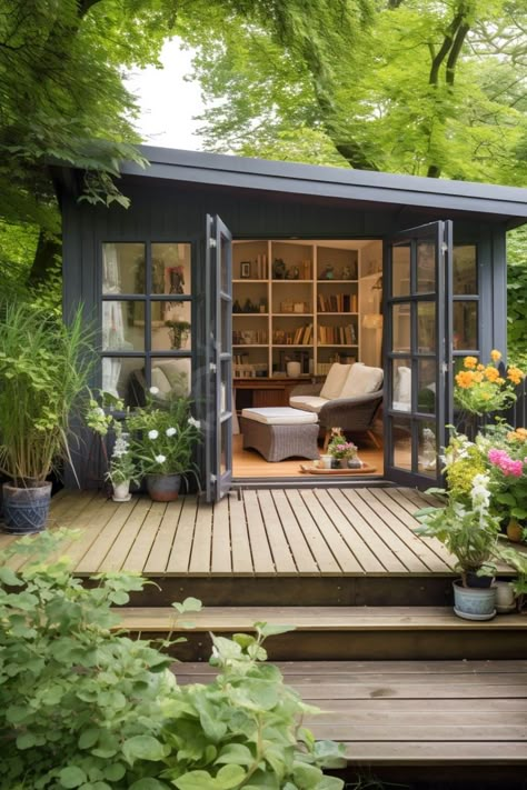 Indoor Outdoor Living Spaces: How to Successfully Integrate the Home and Garden - Melanie Jade Design Indoor Outdoor Living Uk, Garden House Interior Design, Indoor Outdoor Bedroom, Garden Studio Interior, Outdoor Study Space, Small Garden House, Garden Rooms Outdoor, Inside Outside Living, Garden Office Ideas