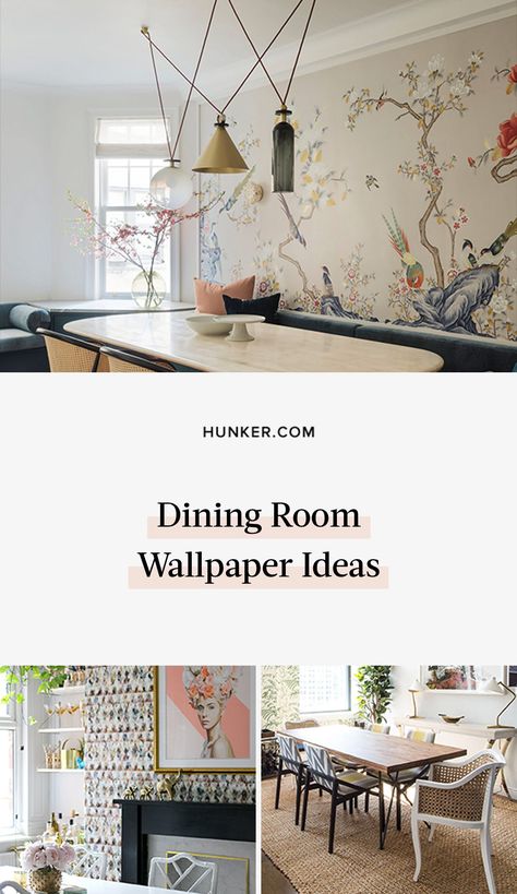 Looking for dining room wall ideas? One word: wallpaper. We cover different types of wallpaper, as well as six fun ideas that will make your entertaining space completely unforgettable. #hunkerhome #wallpaper #wallpaperideas #diningroom #diningroomwallpaper Wallpaper Ideas For Dining Room, Wall Papered Dining Room, One Word Wallpaper, Dining Room Wallpaper Accent Wall, Dining Room Wall Ideas, Dining Room Wallpaper Ideas, Word Wallpaper, Types Of Wallpaper, Room Wall Ideas