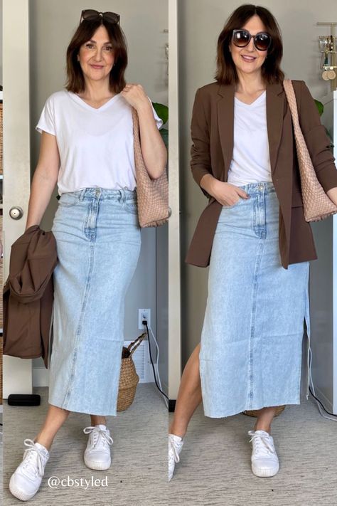 Long Jean Skirt With Sneakers, Denim Skirt Office Outfit, Jean Skirt Outfits With Sneakers, Styling A Long Denim Skirt, Light Denim Skirt Outfit, Jean Long Skirt Outfits, Long Blue Jean Skirt Outfits, Jeans Midi Skirt Outfit, Jeans Rock Outfit