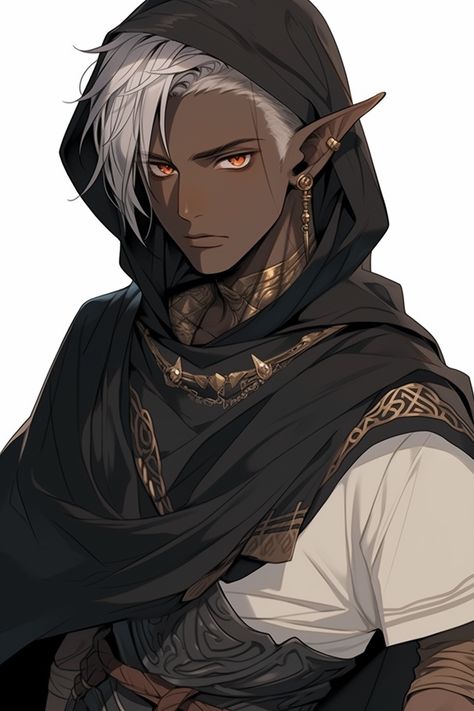 Dark Skin Elf Male, Fantasy Ranger Art, Male Drow Character Art, Dnd Male Character Art, Male Elf Character Art, White Hair Elf Male, Elf Male Character Design, Dnd Elf Male, Black Elf Male