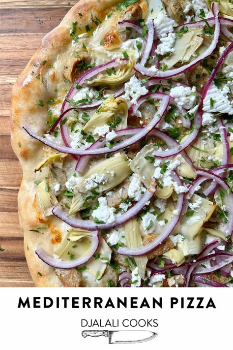 Chicken Artichoke Pizza Recipes, Pizza With Artichoke Hearts, Artichoke Pizza Recipe, Chicken Artichoke Pizza, Red Pepper Pizza, Artichoke Sauce, Feta Pizza, Mediterranean Pizza, Artichoke Pizza