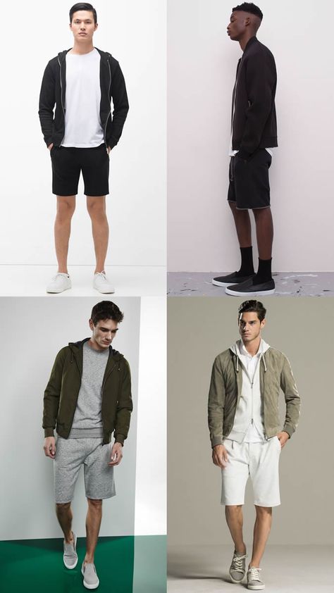 Men's Sweat Shorts, T-Shirt and Bomber Jacket/Hoody Summer Fashion/Style Outfit Inspiration Lookbook Mens Sweat Shorts Outfit, Sweat Shorts Outfit Men, Sweat Shorts Outfits, Sweat Shorts Outfit, Outfit Ideas 70s, Sweat Shorts Men, Hippie Outfit Ideas, Mens Summer Fashion Beach, Mens Fashion Suits Casual