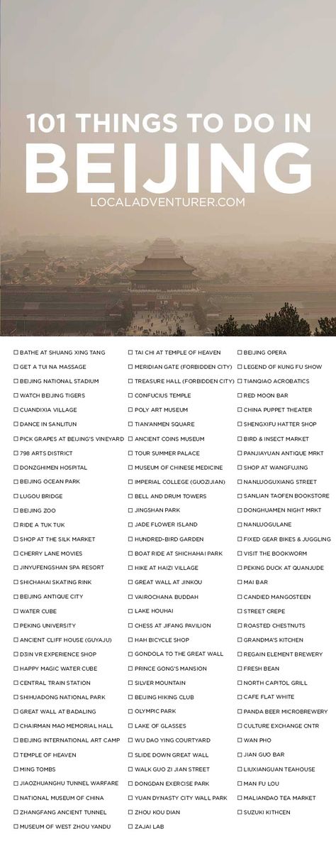 101 Things to Do in Beijing China {click through to get the printable version} - the Ultimate Beijing Bucket List - from the touristy spots everyone has to do at least once to the spots a little more off the beaten path. // localadventurer.com Bucket List Printable, China Travel Destinations, Temple Of Heaven, Printable Things, China Trip, Visit China, China Beijing, Travel China, Beijing Travel