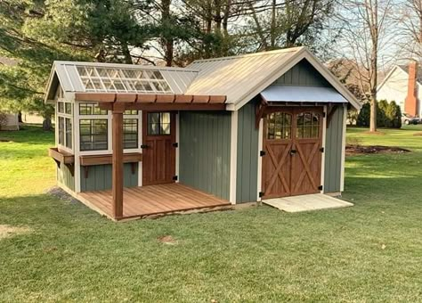 Shed House Porch Ideas, Shed To Tiny House Exterior, Sheshed Exterior Ideas, Add On To Shed How To Build, Greenhouse Off Shed, Exterior Shed Wall Ideas, Potting Shed With Greenhouse, Backyard Shed With Porch, 12x12 Shed Ideas