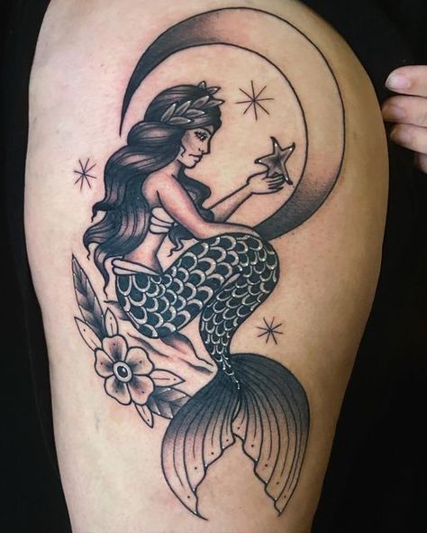 Mermaid Thigh Tattoo, Traditional Mermaid Tattoos, Mermaid Sitting, Mirror Tattoos, Siren Tattoo, Sitting On The Moon, Mama Tried, Back Piece Tattoo, Mermaid Tattoo