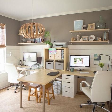 Finally got around to blogging a few photos of our home office makeover. Well, the finished product anyway! Link in profile.: Hiasan Dalaman Rumah, Home Office Layouts, Farmhouse Office, Storage Desk, Office Guest Room, Decor Ikea, تصميم للمنزل العصري, Dream Office, Office Inspo