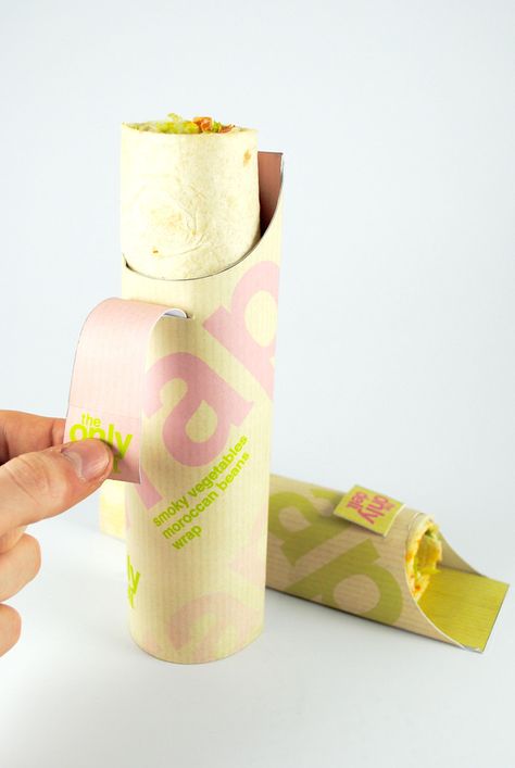 Like this idea for pulling a wrap up???!!!!! Roll Packaging Design, Wrap Packaging Food, Wrap Packaging, Packaging Concept, Food Takeaway Packaging Ideas, Sandwich Packaging Design, Taco Packaging, Reusable Packaging Design, Healthy Branding