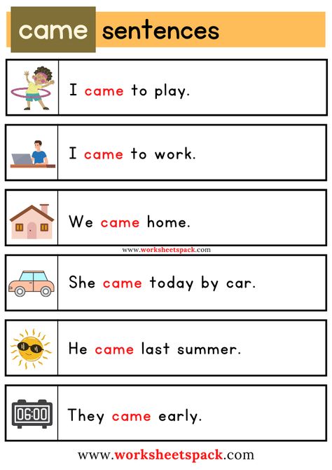 Sight Word of the Day - Came Sight Word Sentences Free, Reading Practice For Kids, Sentences For Kindergarten, Reading Fluency Activities, Sight Word Sentences, Free Printable Math Worksheets, Kindergarten Reading Worksheets, English Activities For Kids, Reading For Beginners