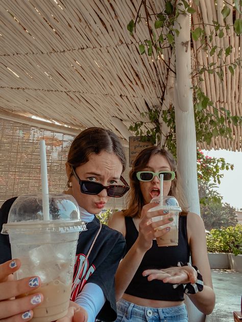 Ice coffee and selfies. Taken at salt cafe in ballito. #beach #photography #icecoffee #besties #bestfriendgoals #vibes Iced Coffee Photoshoot, Cafe Photography People, Car Glamping, Friends Having Coffee, Starbucks Selfie, Cafe With Friends, Cafe Poses, Blueberry Croissant, Sunnies Cafe