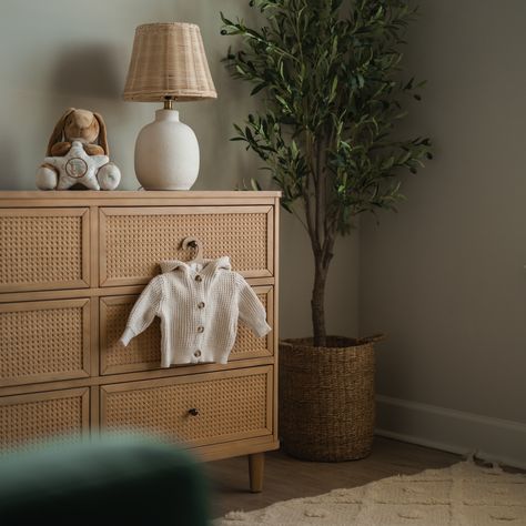 Cane Dresser, Nursery Bedroom Ideas, Nature Inspired Nursery, Nursery Details, Plaid Nursery, Nursery Picture Frames, Brown Dresser, Pooh Nursery, Nursery Hamper