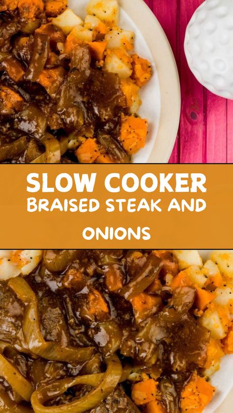 Slow Cooker Braised Steak and Onions Topside Steak Recipes Dinners, Braised Steak And Onions Slow Cooker, Braised Steak And Onions, Roast Onions, Braised Steak, Steak And Onions, Seared Steak, Slow Cooker Dinner, Slow Cook