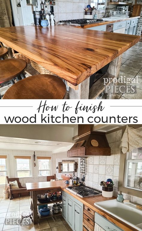 Thinking about installing wood kitchen counters? Head to Prodigal Pieces for choices of finishes, plus tips & tricks | Prodigal Pieces | prodigalpieces.com #prodigalpieces #diy #farmhouse #kitchen #reclaimed #home #homedecor Diy Wood Countertops Kitchen, Wood Kitchen Countertops, Hardwood Countertops, Wood Kitchen Counters, Family Room Reveal, Diy Wood Countertops, Diy Farmhouse Kitchen, County Kitchen, Wood Countertops Kitchen