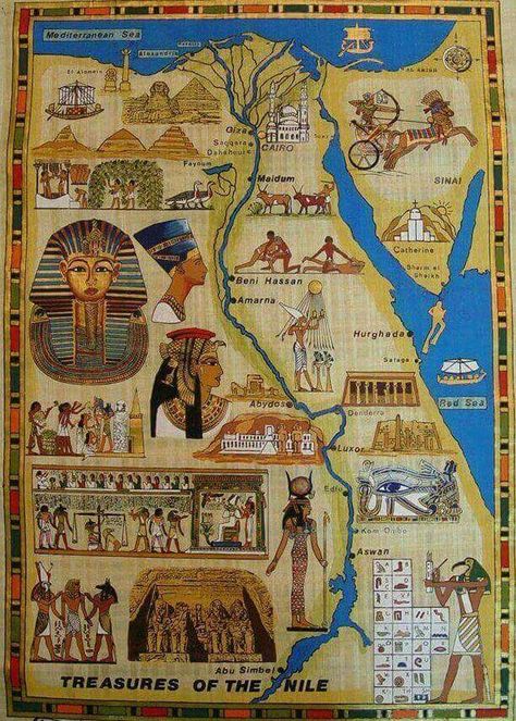 Treasures of the Nile a souvenir map on natural papyrus. Ancient Egypt Map, Egyptian Poster, Egypt Project, Egypt Map, Interior Design History, Pyramids Egypt, Egyptian Artifacts, Ancient Egyptian Gods, Nile River