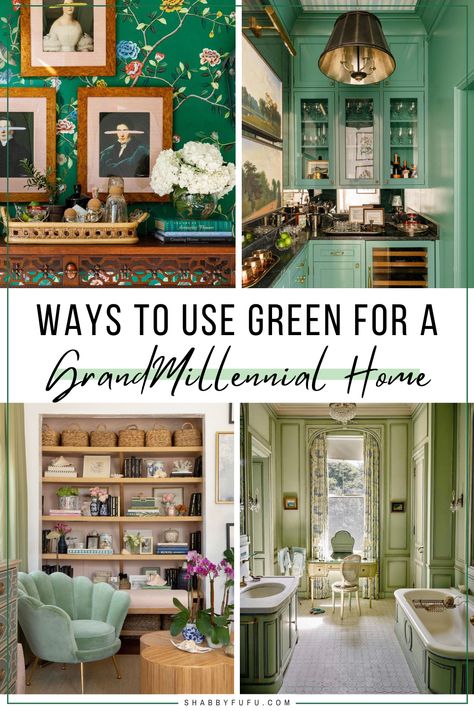 Not sure how to add the grandmillenial style to your home using green? In this post, we'll show amazing ideas and home interior designs that have nailed the grandmillenial style to a T. grandmillenial rugs | grandmillenial style living room pendant lights & chandeliers | traditional home decor Light Green Aesthetic Living Room, Grand Millennial Living Room With Tv, Dark Grandmillenial Style, Grandmillennial Interior Design, Grandmillenial Style Foyer, Grandmillenial Decor Style, Grandmillenial Hallway, Light Blue Green Living Room, Traditional Green Living Room