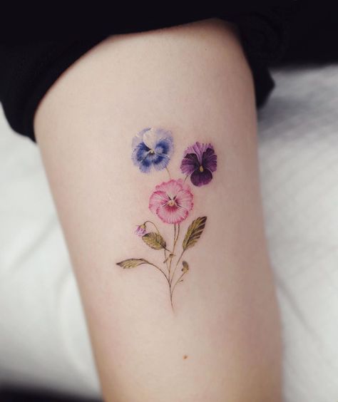 Pansy 💗 . . #soltattoo#솔타투#colortattoo#smalltattoo#flowertattoo#koreantattoo Pansy Tatoos, Pansy Flower Tattoo, Rebecca Tattoo, Pansy Tattoo, Violet Flower Tattoos, Knitting Tattoo, Violet Tattoo, Lavender Tattoo, Wildflower Tattoo