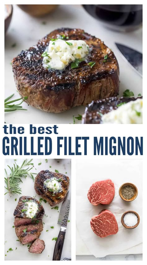 This beginner foolproof method for grilled filet mignon will turn your home into a Michelin kitchen with only 3 ingredients. It'll be your go-to for when you need an easy but fancy-looking weeknight dinner! The key is getting the grill really hot! #steakdinner #grilledsteak #filetmignon #grilledfiletmignon #howtocooksteak Grilling A Filet Mignon, Best Grilled Filet Mignon Recipe, Grilled Fillet Mignon Recipes, Best Way To Cook Filet Mignon On Grill, Grilled Fillet Mignon, Cooking Filet Mignon Grill, Filet Steak Marinade, Filet Mignon On The Grill, Marinate Fillet Mignon