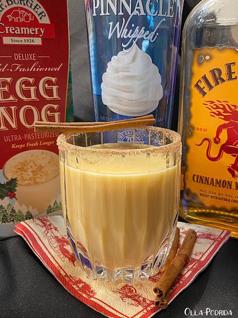 Crema vie with whipped pinnacle and fireball. Firenog! Fireball Eggnog, Fireball Mixed Drinks, Fireball Bottle, Fireball Recipes, Cinnamon Sugar Rim, Whipped Vodka, Whipped Cream Vodka, Fireball Whiskey, Eggnog Recipe