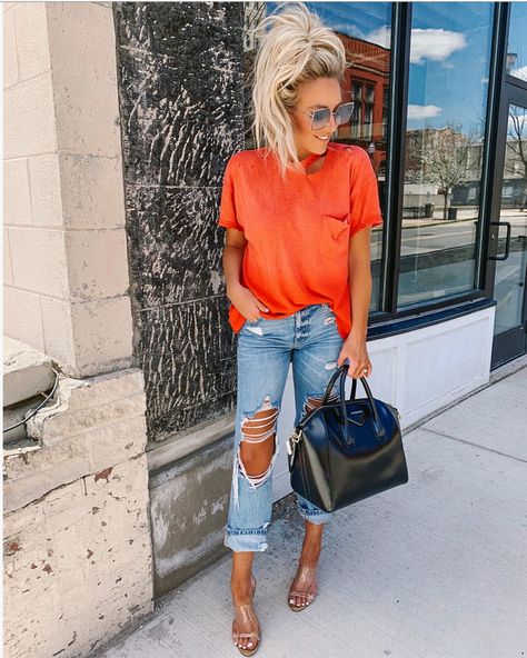 Orange Shirt Outfit, Knee Heels, Blue Ripped Jeans, Tan Booties, Orange Outfit, Orange Blouse, Orange T Shirts, Orange Shirt, Leggings Pattern