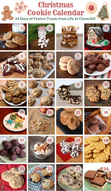 Christmas Cookie Calendar - 24 Days of Sweet Treats - Life at Cloverhill 25 Days Of Christmas Cookies, Cookie And Bar Recipes, 12 Days Of Christmas Cookies, 2024 Holidays, Christmas Cookie Recipes Holiday, Cookie Baskets, Milk For Santa, Christmas Baking Cookies, Cv Tips