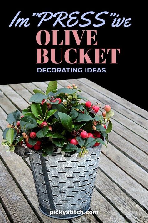 Im”PRESS”ive Olive Bucket Decorating Ideas Bucket Decorating Ideas, Olive Bucket Decor, Diy College Decor, Olive Bucket, College Diy, College Decor, Diy Apartment Decor, Diy Outdoor Decor, Diy Bathroom Decor