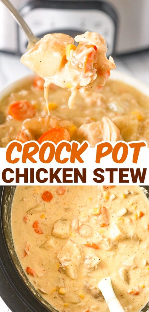 Crock Pot Chicken Stew is a hearty slow cooker dinner recipe loaded with chicken thigh chunks, russet potatoes, carrots, onions and corn all cooked in a creamy chicken soup mixture. Chicken Cubes Crockpot Recipes, Crock Pot Soup Recipes With Chicken, Crockpot Chicken And Carrots Recipes, Slow Cook Chicken Stew, Chicken Potato Carrot Crockpot, Southern Style Chicken Stew, Chicken Stew In Crockpot, Crock Pot Chicken Stew Recipes, Creamy Chicken Stew Crockpot