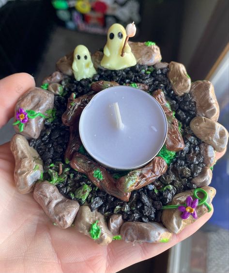 Polymer clay candle holder Polymer Clay Glass Jars, Diy Clay Crystal Holder, Diy Clay Tea Light Holder, Air Dry Clay Witchy Projects, Polymer Clay Tea Light Holder, Witchy Air Dry Clay Crafts, Witchy Clay Ideas, Clay Witchy Crafts, Clay Crystal Holder