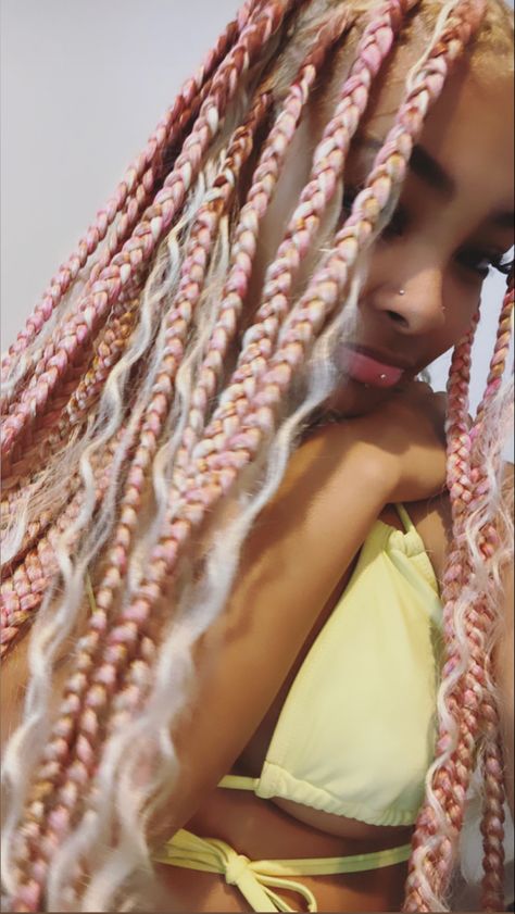 Pink And Blonde Boho Braids, Colourful Braids, Colorful Braids, Pink Curls, Boho Locs, Blonde Braids, Box Braids Hairstyles For Black Women, Pastel Pink Aesthetic, Face Card