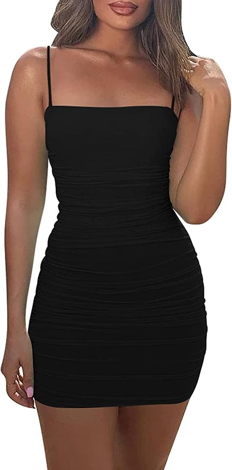 Amazon.com: Mizoci Women's Sexy Sleeveless Ruched Spaghetti Strap Bodycon Mini Club Party Dress : Clothing, Shoes & Jewelry Women Club Dresses, Tight Mini Dress, Strappy Mini Dress, Dress Tight, Summer Bodycon Dress, Club Party Dresses, Club Night, Club Dress, Ruched Bodycon Dress