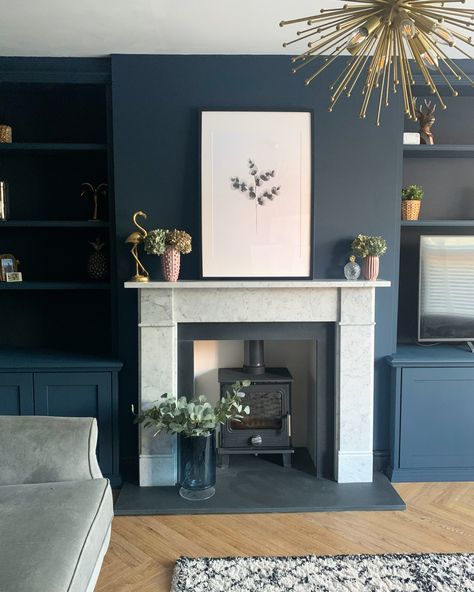 Farrow and Ball Hague blue living room with alcove shelves and herringbone flooring Fireplace With Log Burner, Dark Victorian Living Room, Blue Sitting Room Ideas, Hague Blue Living Room, Montrose Scotland, Farrow And Ball Hague Blue, Lounge Fireplace, Alcove Units, Alcove Shelves