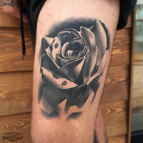 Realistic Rose Tattoo From Cris! #realism #realistic #black #grey #rose #thigh Rose Tattoo Realism, Flower Tattoo Black And Grey, Realism Rose Tattoo, Grey Rose Tattoo, Flower Tattoo Black, Rose Flower Tattoo, Rose Tattoo Placement, Sake Tattoo, Black And Grey Rose Tattoo