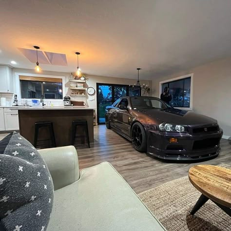 Cars Inside House, Jdm Room Decor, Car Guy House, Car In House, Cars In Garage, Jdm Aesthetic, Boys Bedroom Makeover, R34 Gtr, Cars Room