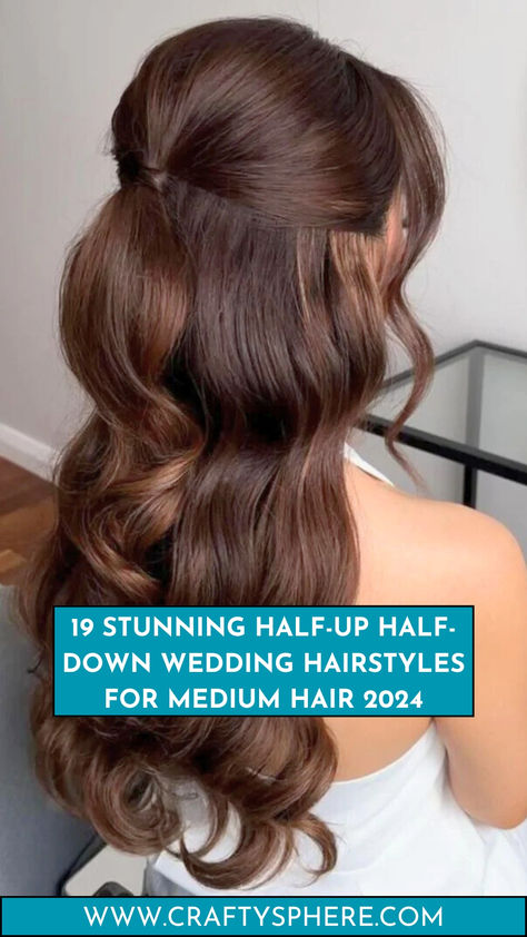 Half-up half-down wedding hairstyle for medium-length hair featuring soft curls and a sleek top, perfect for 2024 bridal trends. Brown Hair Bride Hairstyles, Strapless Wedding Gown Hairstyles, Classic Half Up Half Down Hair, Long Curly Wedding Hairstyles, Half Up Half Down Wedding Hair Long, Elegant Curls, Bridal Hair Half Up, Hairstyles For Gowns, Half Up Half Down Wedding Hair