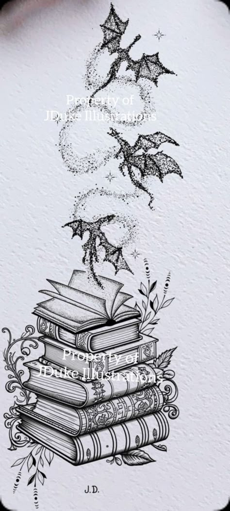 Book And Skull Tattoo, Dragons And Books Tattoo, Book And Dragon Tattoo Ideas, Dragon Coming Out Of A Book Tattoo, Dragon And Books Tattoo, Tattoo Ideas Bookish, Book Worm Tattoo Ideas, Book Dragon Tattoo Ideas, Book And Dragon Tattoo