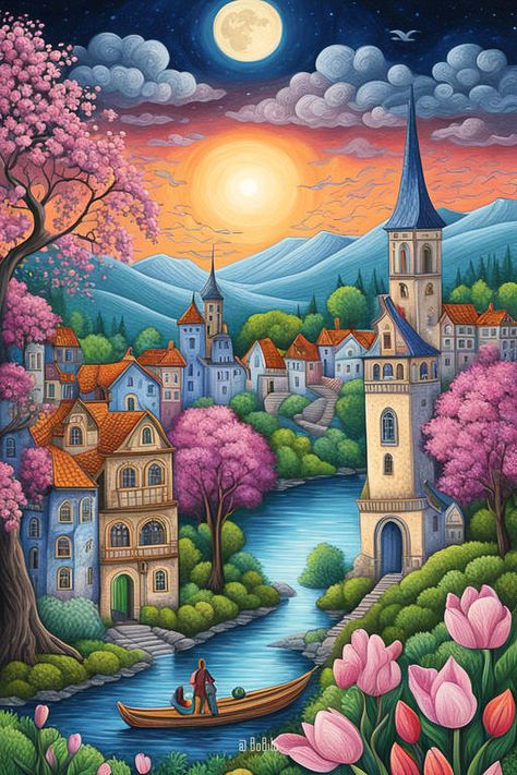 Enchanting Spring Landscapes of Whimsical Cities My Dream City Drawing, Dream City Drawing, My Dream World Drawing, Fantasy Town, Art Village, Beautiful Art Paintings, City Drawing, Pattern Design Inspiration, Spring Landscape