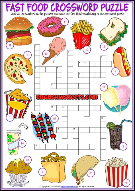 An enjoyable ESL printable crossword puzzle worksheet with pictures for kids to study and practise fast food, junk food vocabulary. Look at the pictures and the numbers on them and write the fast food vocabulary in the crossword puzzle. Teach, learn and review fast food vocabulary. Food Crossword, English Crosswords, Kids Crossword Puzzles, Class Worksheets, Printable Crossword Puzzles, Puzzle Worksheet, Food Vocabulary, Esl Vocabulary, Living Skills