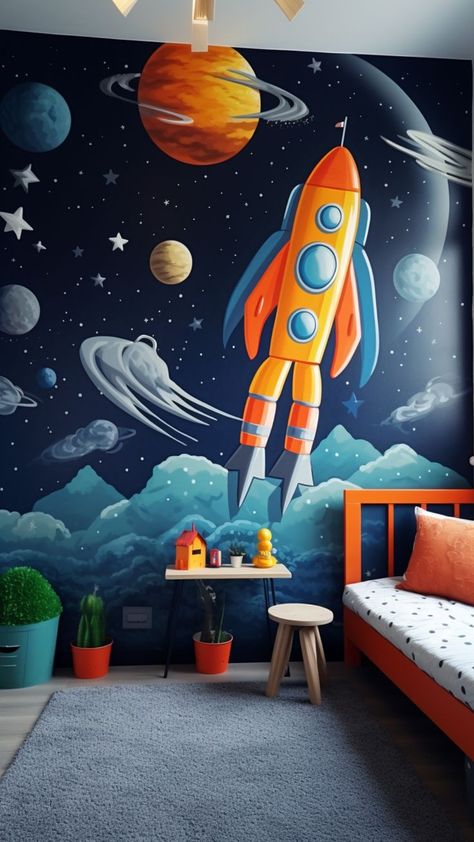 Kids Room Idea Toddler Boy Room Themes, Adventure Kids Room, Boys Space Bedroom, Outer Space Bedroom, Boys Room Mural, Kids Bedroom Furniture Design, Space Kids Room, Ideas Habitaciones, Toddler Boy Room Decor