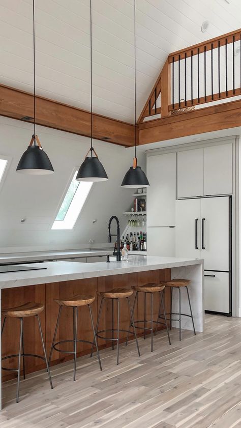 Hey Frame House | A kitchen (and food) is what brings people together. Who knew an A-frame kitchen could be so functional? It certainly comes with its quirks… | Instagram A-frame Interior, Modern A Frame Cabin, Lake Hartwell, Arched Cabin, A Frame Cabin Plans, Triangle House, Kitchen Lighting Design, A Frame Cabins, A Frame House Plans