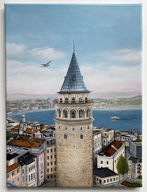 Istanbul Turkey Drawing, Istanbul Turkey Painting, Galata Tower Painting, Istanbul Art Paintings, Istanbul Drawing, Istanbul Painting, Galata Tower Istanbul, Istanbul Art, Turkey Drawing