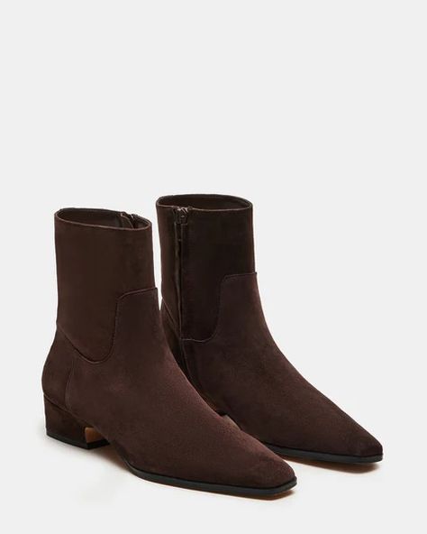 DUSTY Chocolate Brown Suede Ankle Bootie | Women's Booties – Steve Madden Dark Brown Suede Boots Women, Chocolate Suede Boots, Brown Flat Ankle Boots Outfit, Flat Ankle Boots Outfit, Suede Booties Outfit, Brown Booties Outfit, Casual Boots Outfit, Suede Brown Boots, Brown Flat Boots