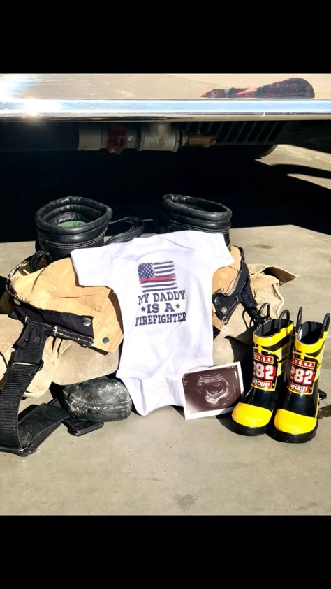 Baby Shower Firefighter Theme, Fireman Gender Reveal Ideas, Firefighter Maternity Pictures, Firefighter Gender Reveal Ideas, Firefighter Gender Reveal, Firefighter Baby Announcement, Firefighter Pregnancy Announcement, Newborn Firefighter, Firefighter Baby Showers