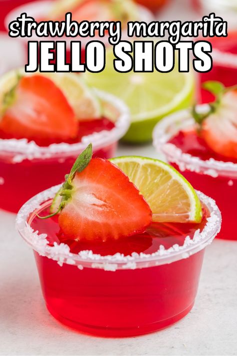 Strawberry Margarita Jello Shots bring all the fun to every occasion with their sweet strawberry jello, a splash of lime, and smooth tequila! #BreadBoozeBacon #strawberry #margarita #jelloshot #jello #tequila #grandmariner #orangeliqueur #limejuice #cocktails #happyhour #poolparty #cincodemayo Margarita Jello Shots Tequila, Orange Jello Shots Tequila, Hot Pink Jello Shots, Bachelorette Jello Shot Ideas, Watermelon Margarita Jello Shots, Peach Ring Jello Shots, Tropical Jello Shots, Jell-o Shot Ideas, Green Tea Jello Shots Recipe