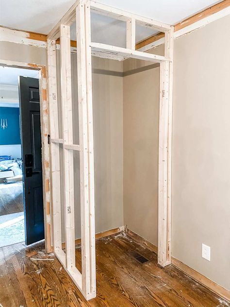 Build A Bedroom Closet, Diy Extra Room How To Build, How To Frame Out A Closet, Diy Freestanding Closet With Doors, Build A Closet Wall, Building A Closet In A Room Diy, Build Closet Doors, Framing A Door, Build A Closet In A Room