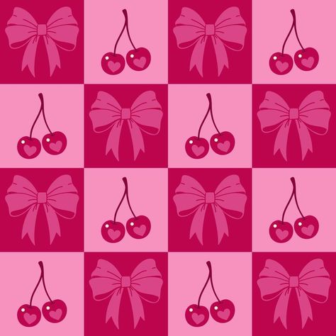 Seamless checkered pink pattern with cherries and bows. graphics. Cute Bow Wallpaper, Pastel Iphone Wallpaper, Bow Vector, Cherry Pattern, Small Business Gifts, Bow Wallpaper, Valentines Wallpaper, Book Marks, Preppy Wallpaper