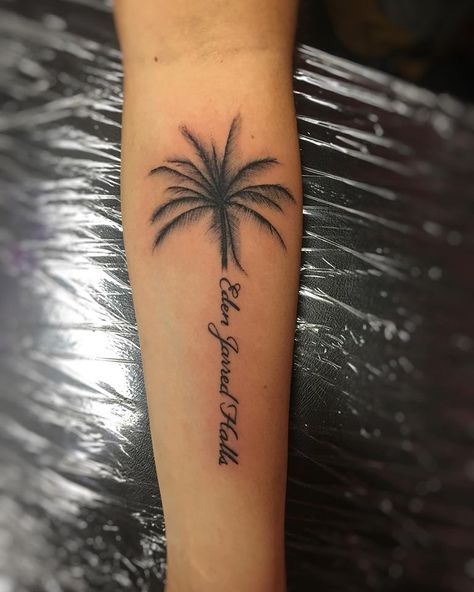 3 Palm Trees Tattoo, Palm Tree Name Tattoo, Palm Tree Tattoo With Names, 2 Palm Trees Tattoo, Small Wrist Palm Tree Tattoo, Palm Tree Tattoo Placement Ideas, Palm Tree And Water Tattoo, Beach Inspired Tattoos, Just Breathe Tattoo