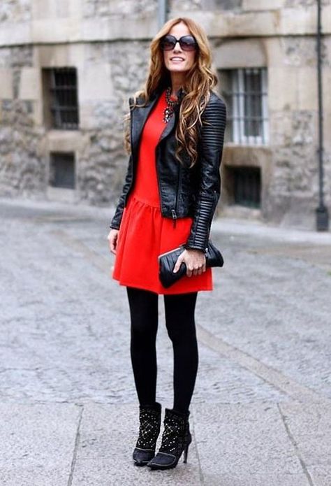 A black quilted leather biker jacket and a red skater dress are a great outfit formula to have in your arsenal. For footwear go down the classic route with black embellished suede booties.  Shop this look for $152:  http://lookastic.com/women/looks/sunglasses-necklace-biker-jacket-skater-dress-clutch-tights-ankle-boots/5054  — Dark Brown Sunglasses  — Burgundy Necklace  — Black Quilted Leather Biker Jacket  — Red Skater Dress  — Black Leather Clutch  — Black Wool Tights  — Black Embellished ... Mode Rockabilly, Red Skater Dress, Jacket Outfit Women, Chic Chic, Little Red Dress, Leather Jacket Outfits, Tights And Boots, Fall Outfits For Work, 가을 패션